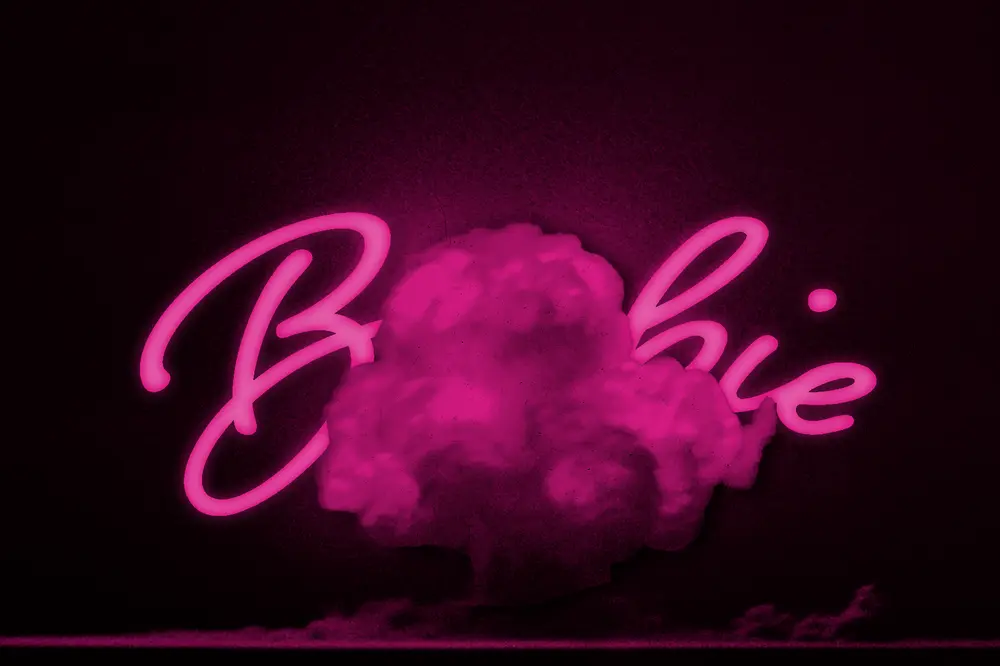 A pink-toned image of the word Barbie in a stylized font behind a pink mushroom cloud explosion
